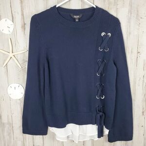 Simply Vera Vera Wang Lace Up Mock Layer Sweater Navy Blue White Size Small